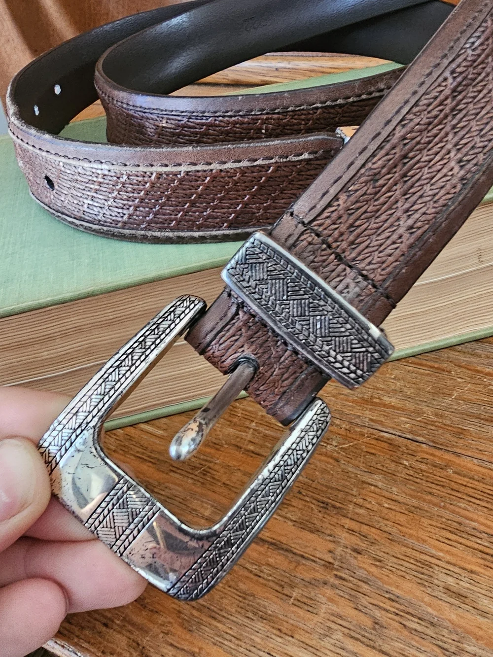 Brighton Italian Calfskin Brown Leather Western Belt Silver Hardware 38